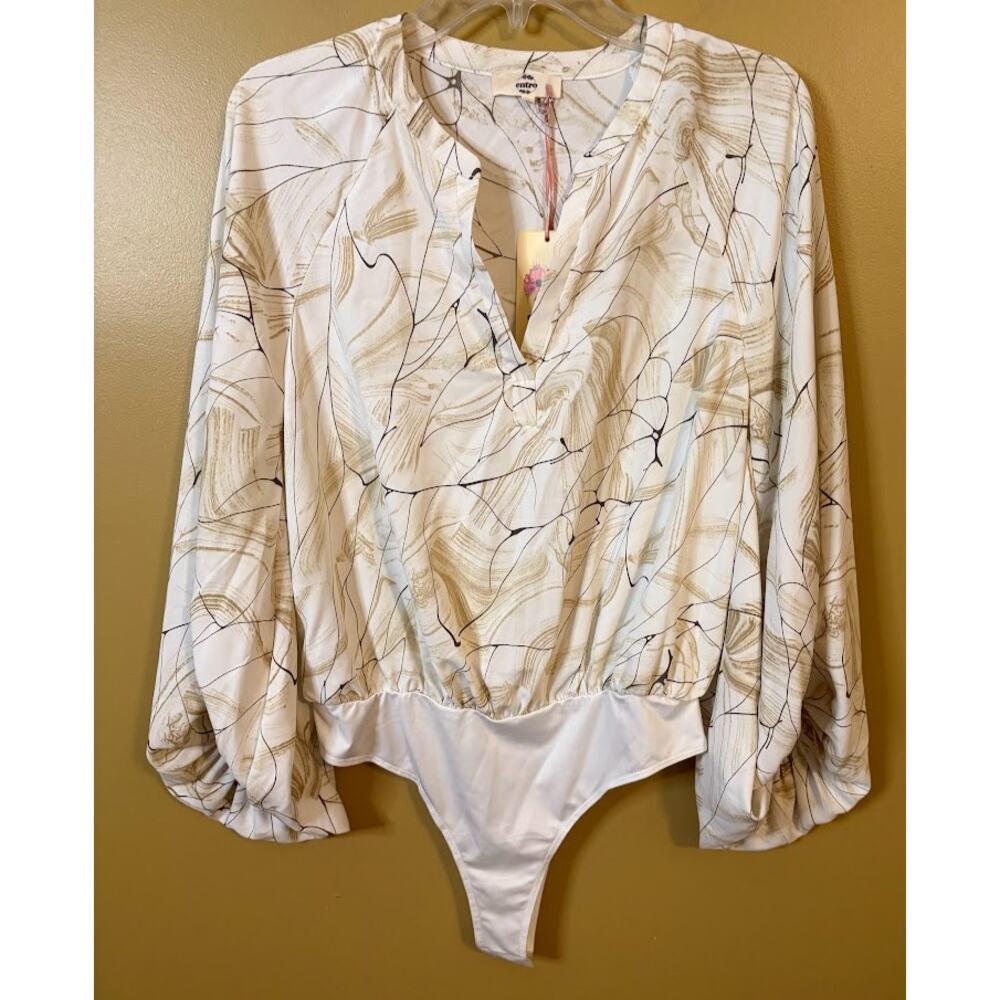 Entro Cream Abstract Print Balloon Sleeve Bodysuit - Size Small -‎ NWT